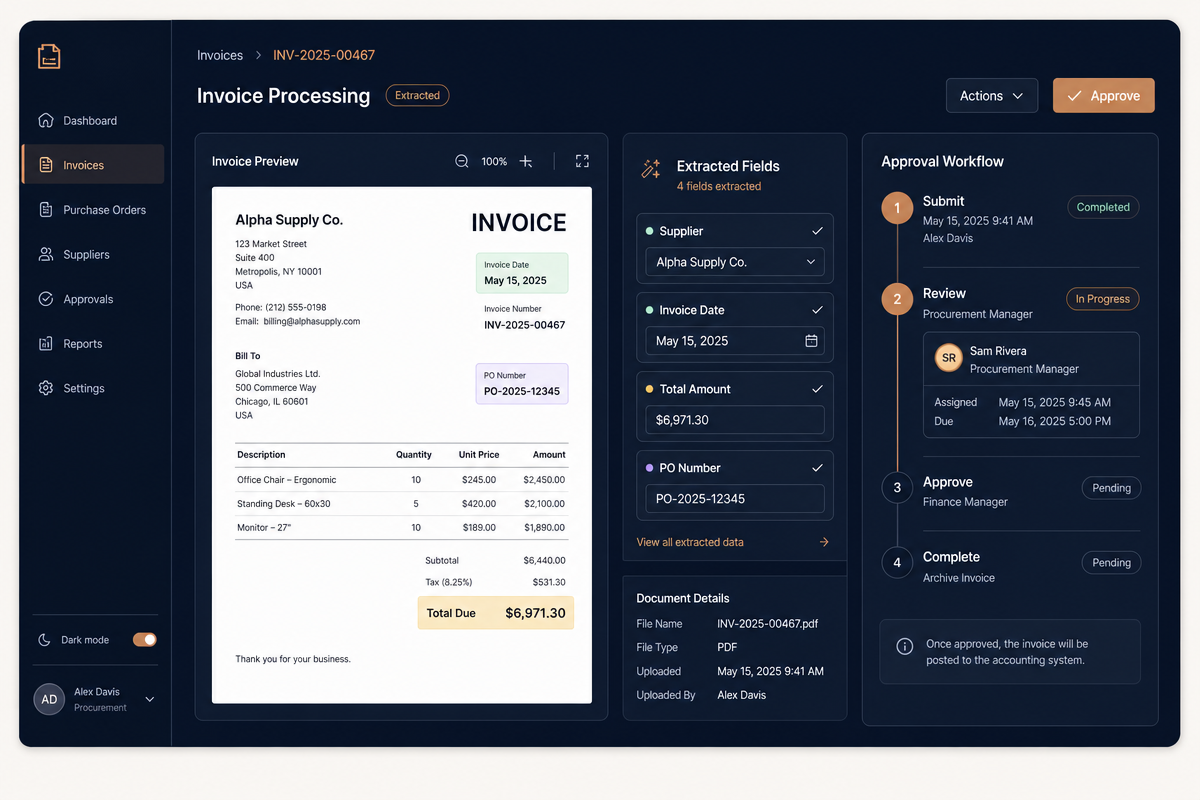 Illustrative invoice processing screen with extracted supplier, date and amount fields alongside an approval workflow