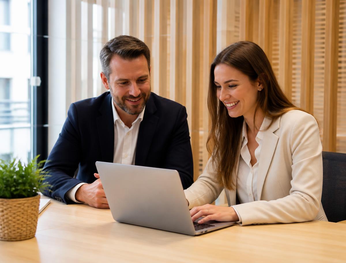 Operations professionals reviewing property workflows on a laptop in a modern office