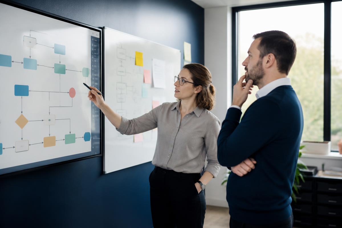 Consultants mapping an operational workflow on a screen and whiteboard during a scoping session