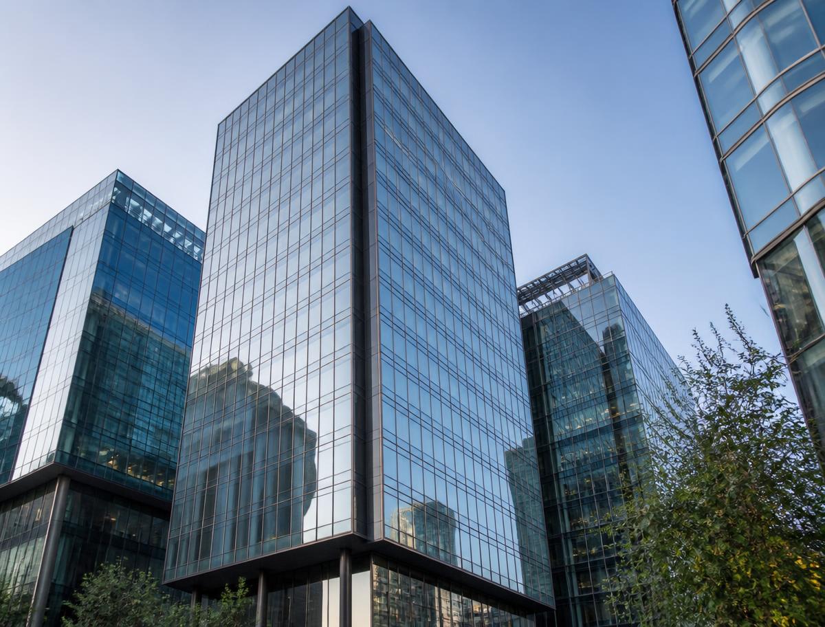 Modern commercial office towers with glass facades in a business district