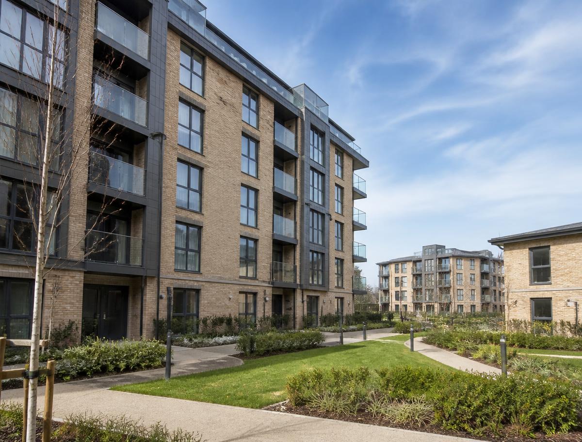 Modern managed residential apartment blocks with landscaped grounds