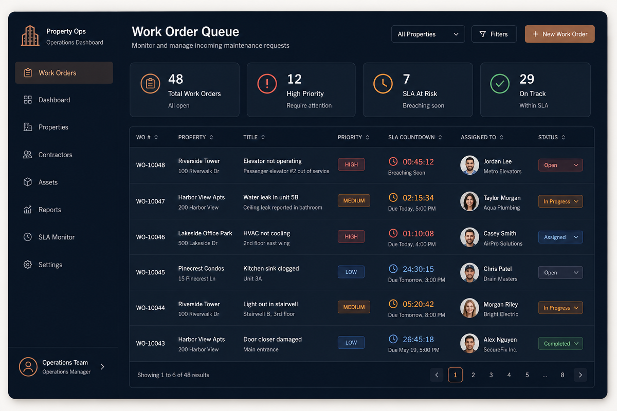 Illustrative work order queue showing priorities, SLA countdown timers and contractor assignment