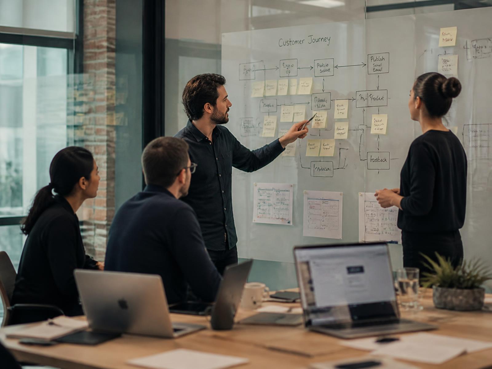 Consultants mapping an operational workflow on a glass whiteboard during a scoping session