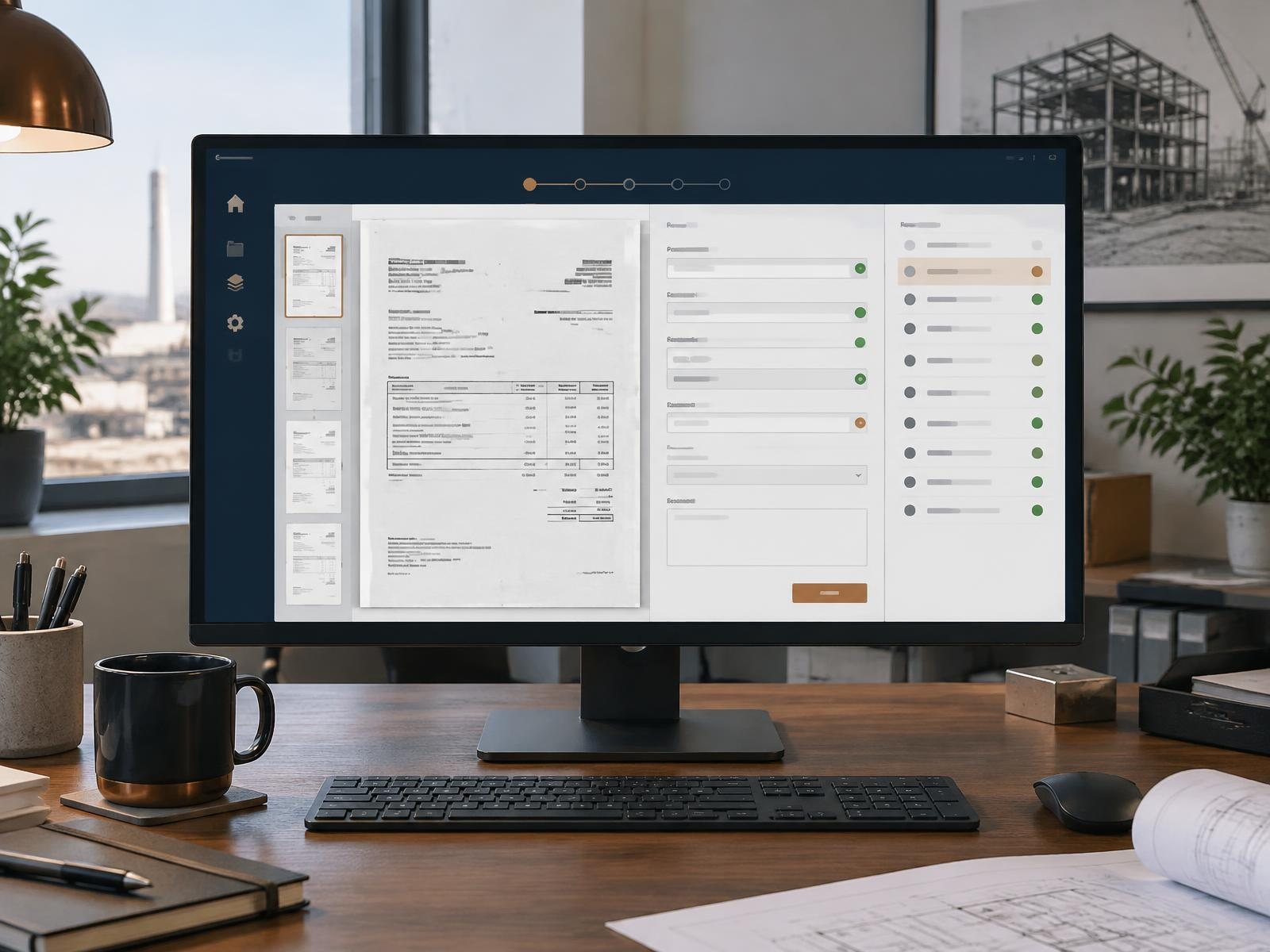 Document automation application showing source documents, extracted fields and review states