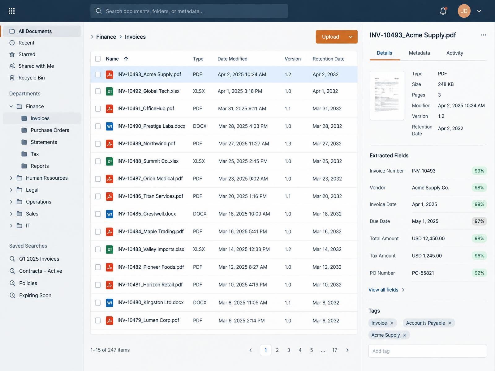Document management interface showing a folder tree, indexed document records and extracted key fields
